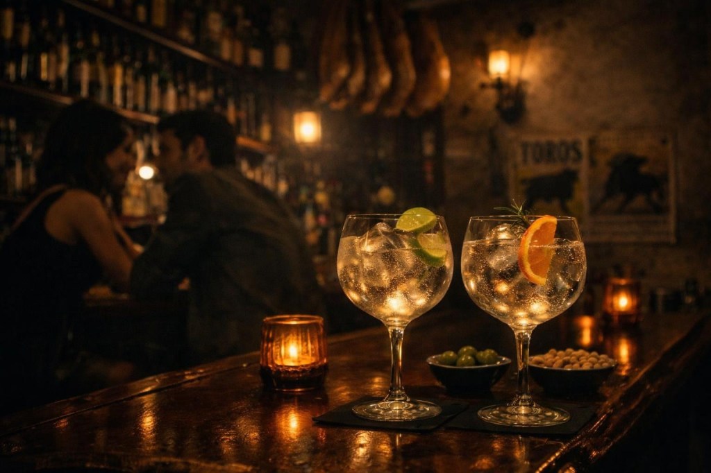 Two gin and tonic cocktails garnished with lime and orange slices on a bar counter with a couple in the background