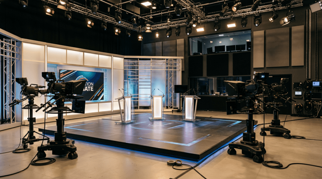 Television studio debate stage with three podiums and multiple cameras